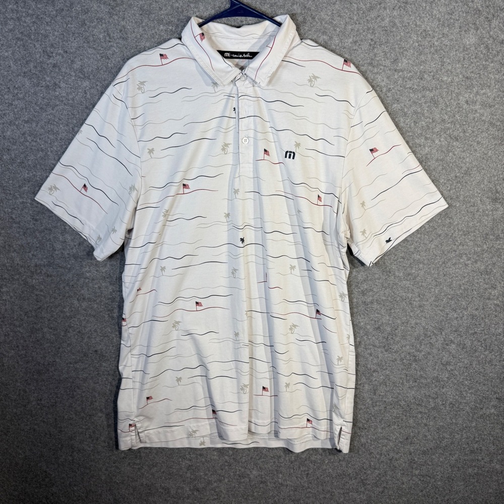 TravisMathew Mens Golf Polo‎ Shirt XL White Tropical Palm Tree Flag Print